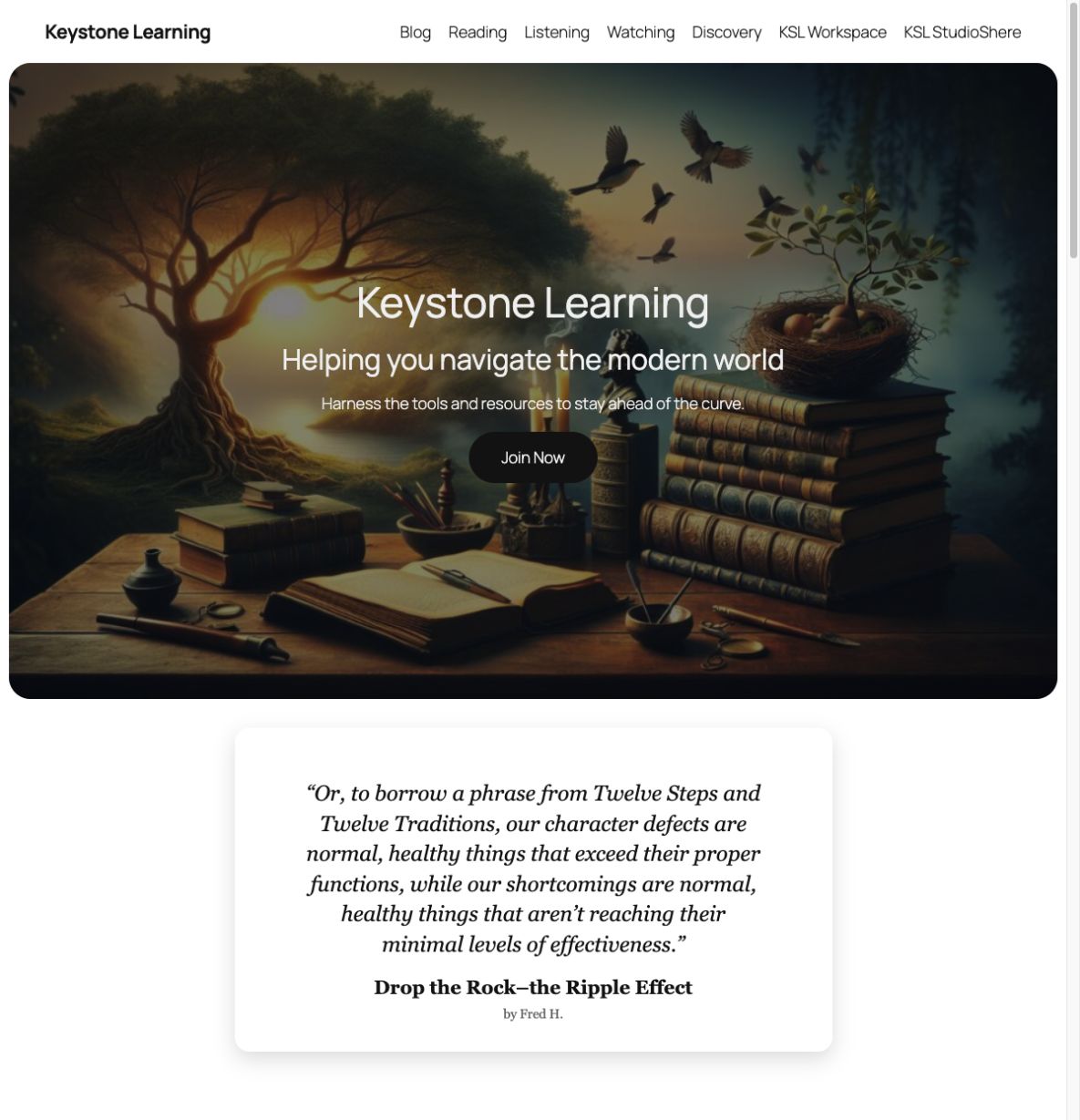 Keystone Learning homepage with its learning and discovery navigation.