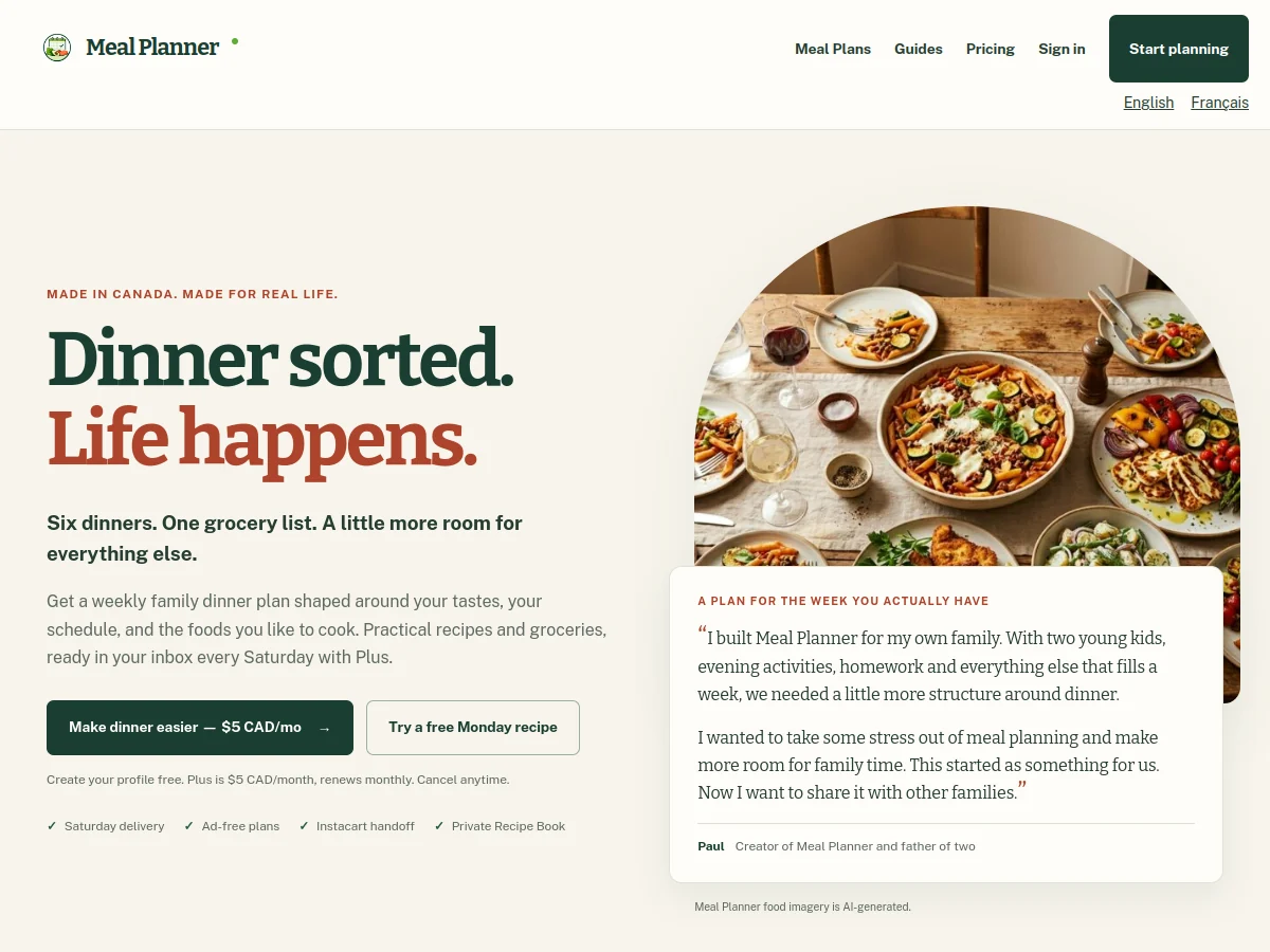 Meal Planner redesigned homepage with dinner planning messaging, a family dinner photograph, and a Start planning button.