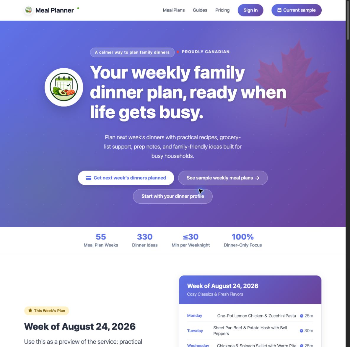 Meal Planner weekly family dinner planning interface.