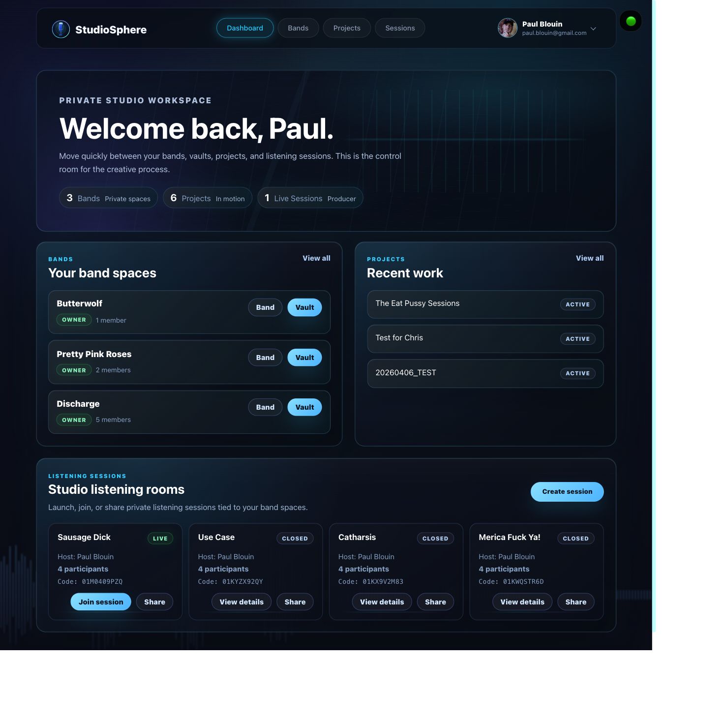 StudioSphere web dashboard with band spaces, projects, and listening sessions.